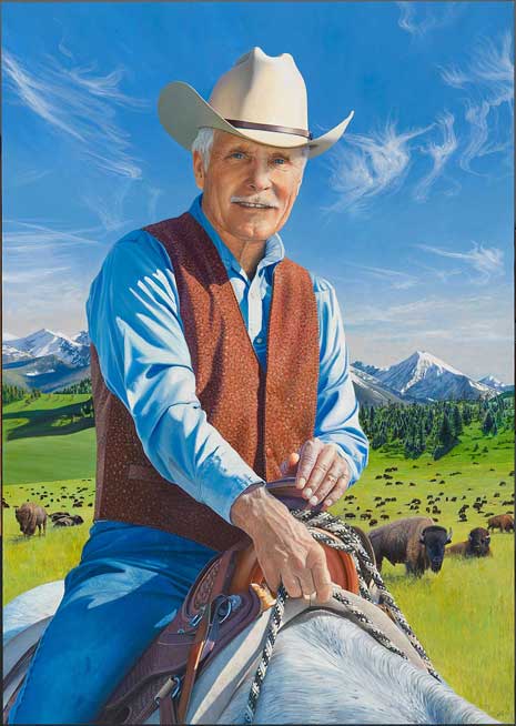 Blog_ted_turner Painted portrait of Ted Turner on a horse in the Rocky Mountains