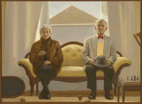 Painting of an elderly man and woman seated side-by-side on a yellow couch.