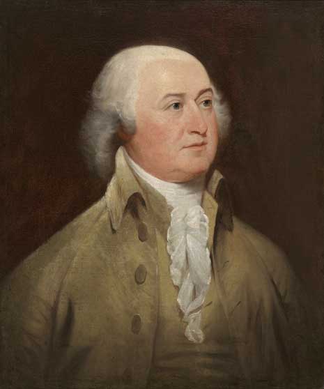 Painting of John Adams with a wig and light colored suit, from the chest up.