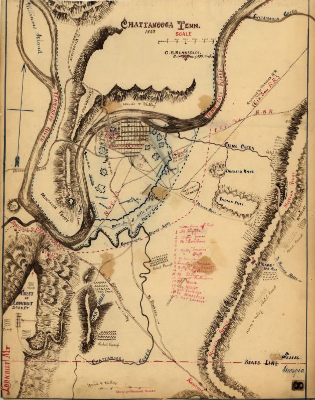 Map of Chattanooga, Tennessee with topography and city streets labeled