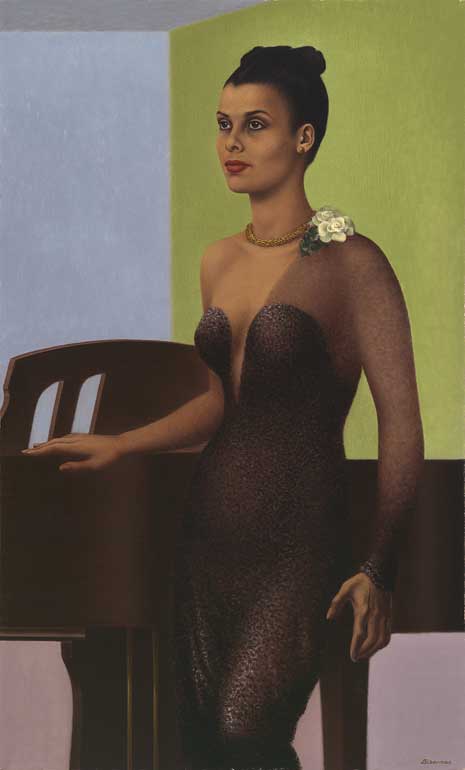 Painted portrait of Marilyn Horne in black dress, standing next to a piano