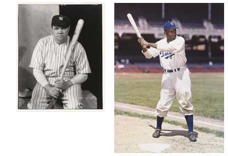 Two portraits, on left: black and white photo of Babe Ruth, sitting and resting his bat on his shoulder. On right: color photograph of Jackie Robinson practicing his swing.