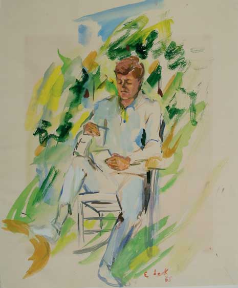 Watercolor on paper painting of John F. Kennedy, seated, reading