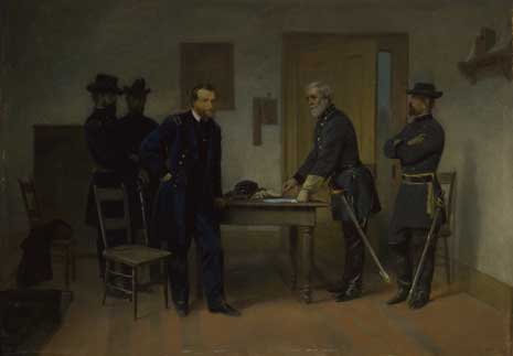 Blog_grant_lee_Appottmax Painting of Robert E. Lee and Ulysses S. Grant standing at a table with documents, accompanied by three soldiers.