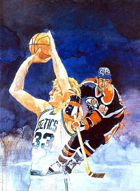 Bird Painted dual-portrait of Wayne Gretzky in the foreground and Larry Bird in the background.