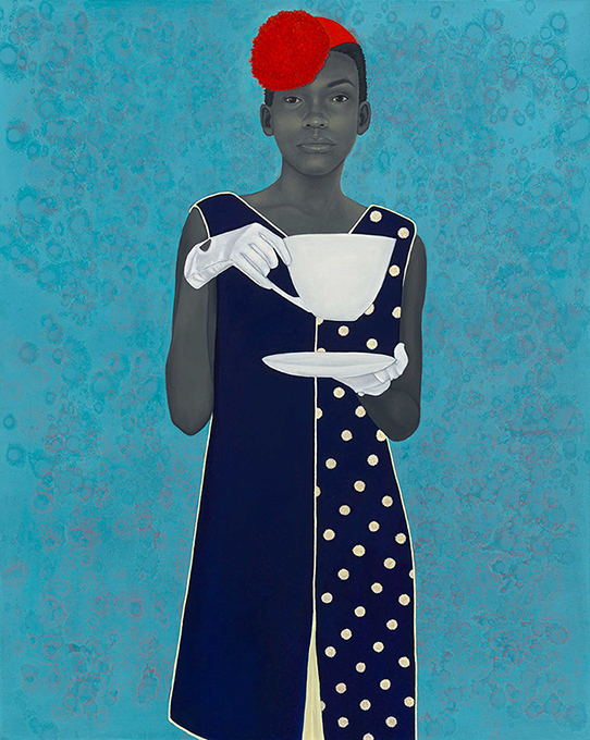 Painted portrait of young woman in polka dot dress with oversized cup and red, flower-like hat