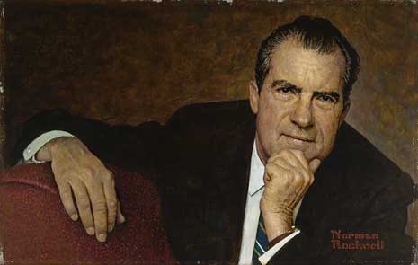 Blog_nixon Painting of Richard Nixon, from the shoulders up, reclined in a red chair, wearing a dark suit.