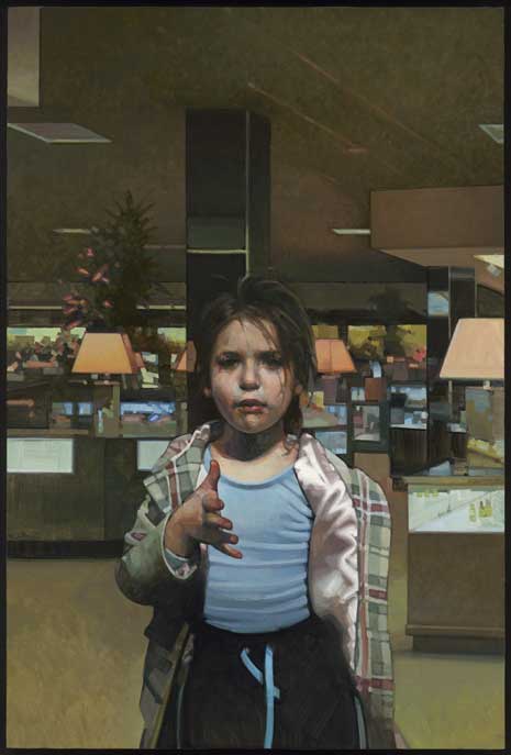 Painting of a young girl with her hand outstretched to the viewer, standing in a department store.