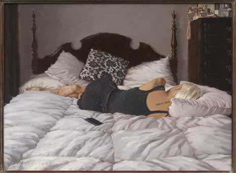 Painting of a woman in black lying on a bed, facing away from the viewer, with a white comforter in a bedroom