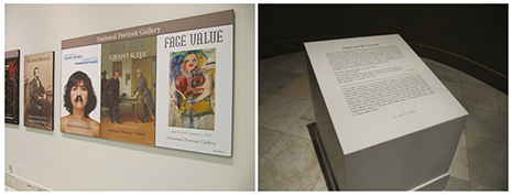 Two photos side by side, on left an advertisement of upcoming exhibitions, on right an exhibition label on a small pedestal.