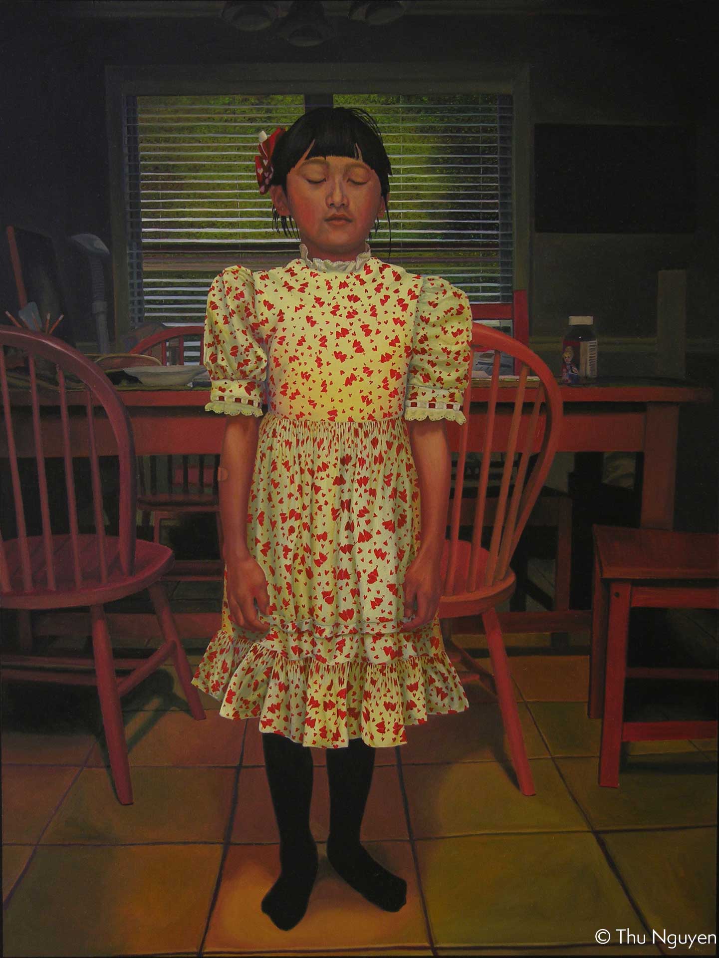 Painting of a girl wearing a flowered dressed looking at the floor