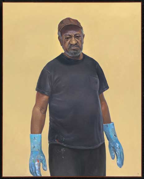 Painting of a man from the knees up, wearing blue rubber gloves and a brown cap, from front.