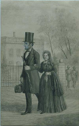 Drawing of Abe and Mary Todd Lincoln walking hand in hand.