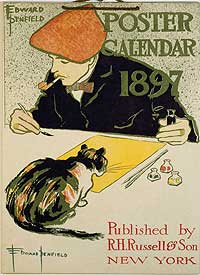 Edward Penfield self portrait, reading "Poster Calendar 1897" and showing artist drawing, with cat observing