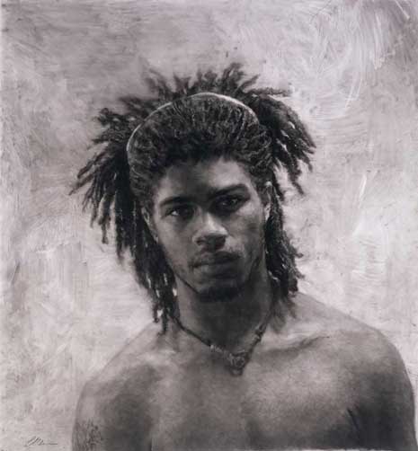 Portrait drawing of shirtless African America man with dreadlocks