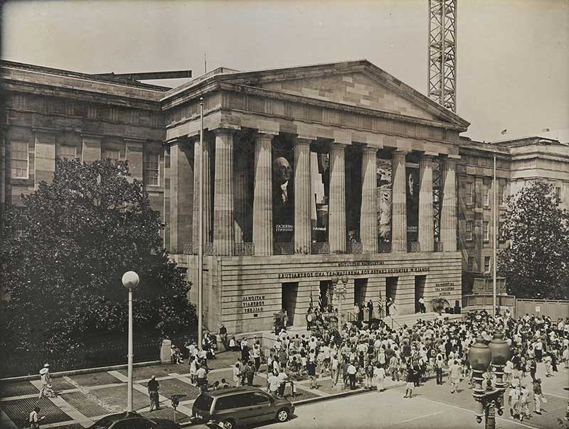 Black and white daguerreotype photo of Patent Office building (built in Greek revival style) in 2006