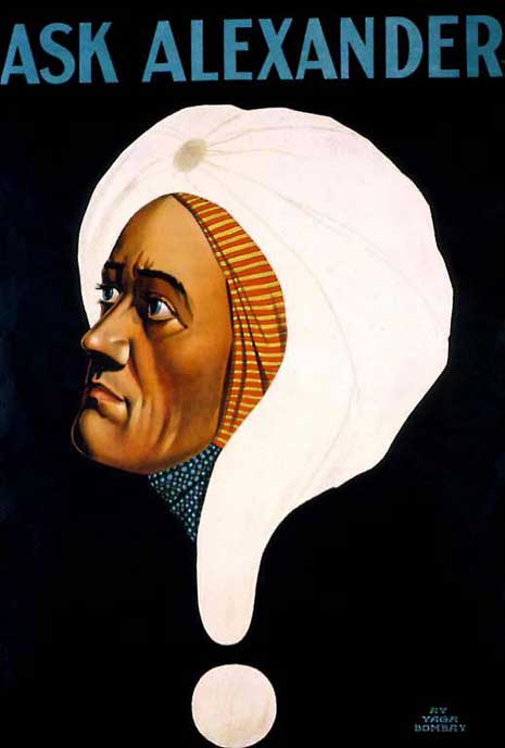 Poster of Claude Alexander Conlin with question mark, and text "Ask Alexander"