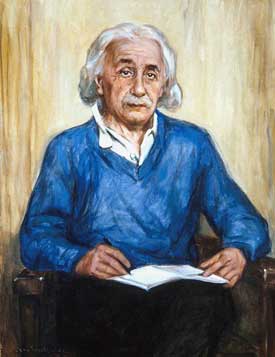 Painted portrait of Einstein, seated in blue sweater