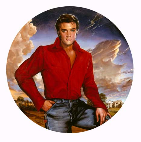 Painted portrait of Elvis Presley, in red shirt and jeans