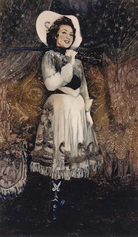 Painted portrait of Ethel Merman, in white dress and hat, and with rifle slung over her shoulder