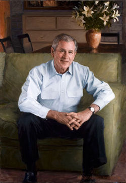 Painted portrait of George Bush, sitting on couch, wearing casual light blue shirt