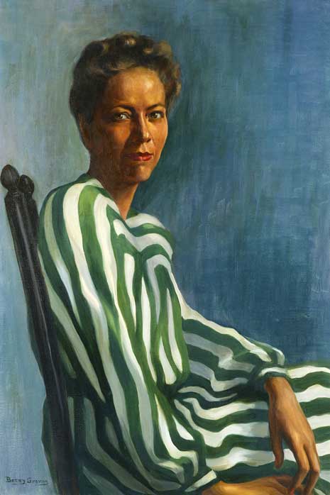 Painted portrait of Anna Arnold Hedgeman in green and white striped dress