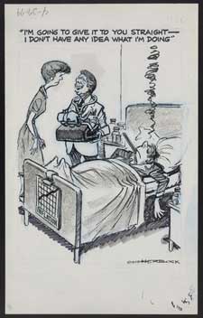 Political cartoon of Jimmy Carter as a doctor, with the economy lying sick in bed
