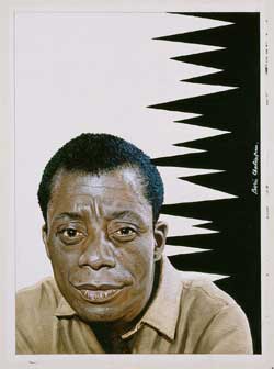 Retrato en acuarela fotorrealista de James Baldwin