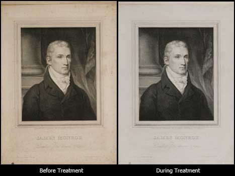 Print of James Monroe, side-by-side showing before and after treatment. 