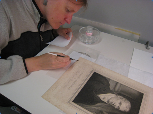 Conservator working on James Monroe engraving