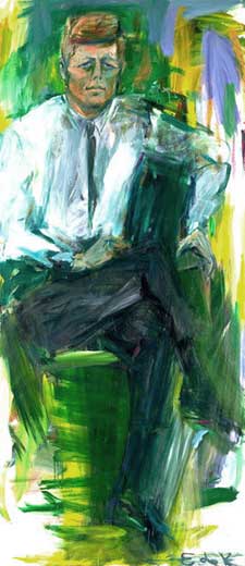 Blog_kennedy Abstract portrait of John F. Kennedy, in hues of green. yellow, blue, and white
