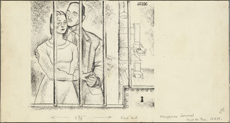 Portrait drawing of Julius and Ethel Rosenberg in a jail cell