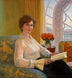 Painted portrait of Laura Bush, sitting with book in hand