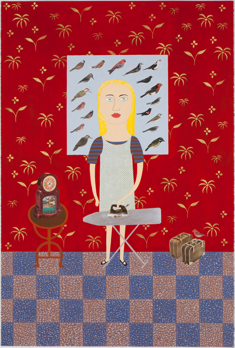 A blond woman ironing, artwork made with acrylic gouache, collage and pencil on paper