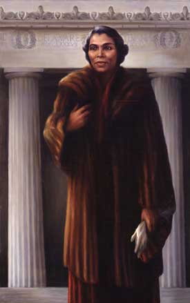 Painted portrait of Marian Anderson, in front of LIncoln Memorieal, wearing fur coat and holding a whit glove in her hand