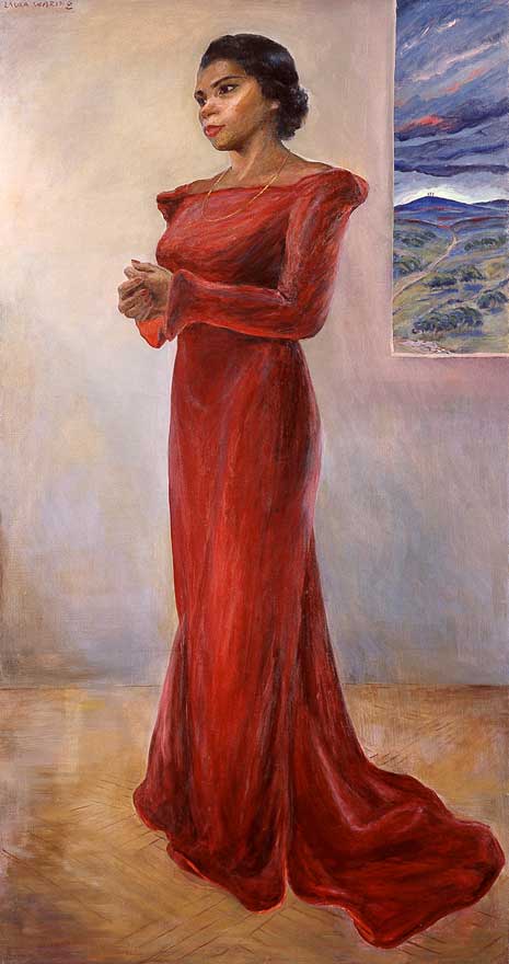 Blog_marian_anderson_waring Full length painted portrait of Marian Anderson, red dress, hands together and in front of her