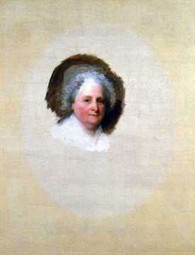 Painted portrait of Martha Washington, incomplete, just her face, the rest is blank canvas