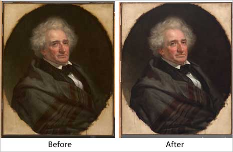 Side by side photos of  Thomas Mckinney portrait, the left is before treatment, the right is after treatment. The right is much cleaner, with lighter colors.