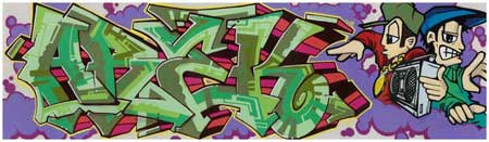 Painted graffiti Panel reading "Arek" in stylized letters with two men and boomboxt