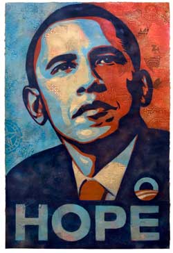 Collage portrait of President Obama, with the word "Hope" on the bottom in big letters