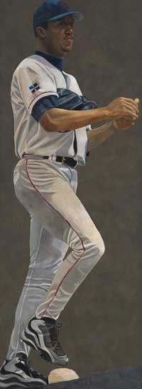 Painted portrait of Pedro Martinez, on pitcher's mound