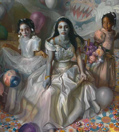 Painted portrait of three young African American girls in white dresses, two of the girls with white paint on their faces