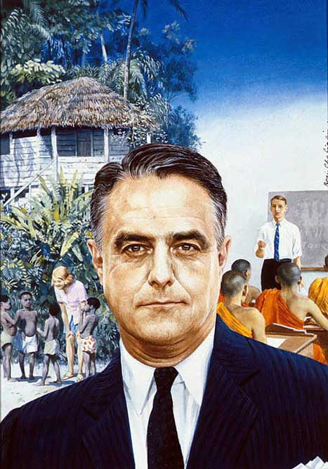 Painted portrait of Sargent Shriver, scenes of Westerners teaching in the developing world, in background