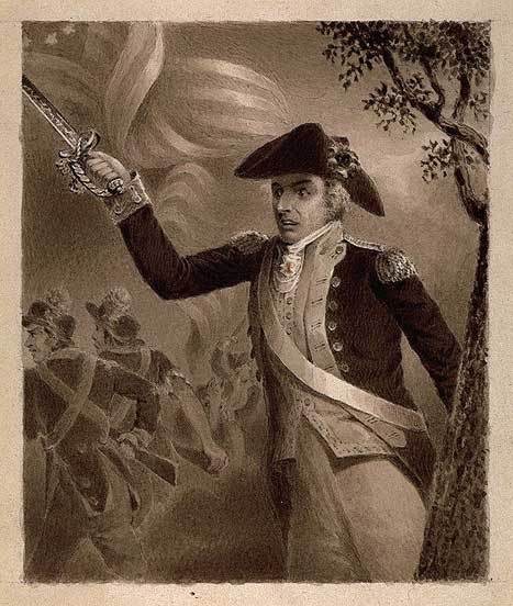 Black and white portrait of Francis Marion in unform and pointing sword