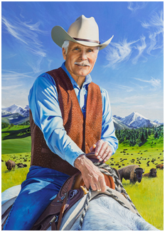 Painted portrait of Ted Turner on a horse