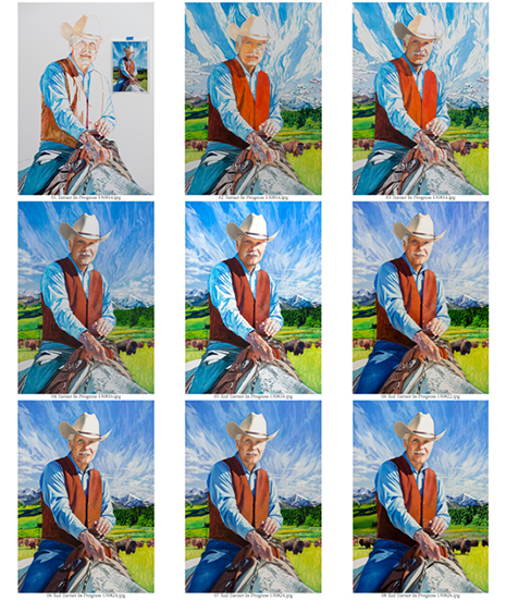 Nine images of the Ted Turner portrait at various stages