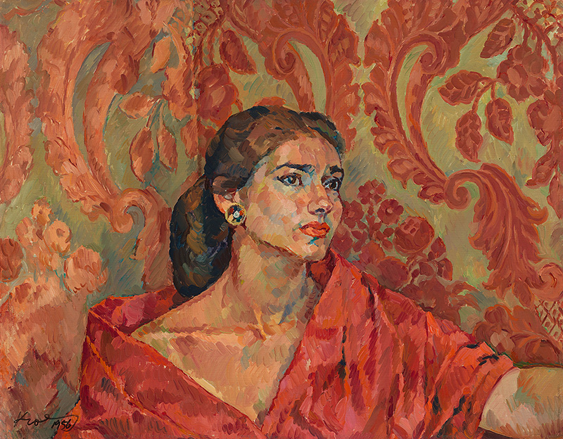 bust-length portrait of a woman in red against a red-patterned background