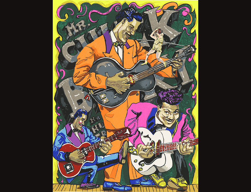 Brightly colored image of three different versions of Chuck Berry playing guitar
