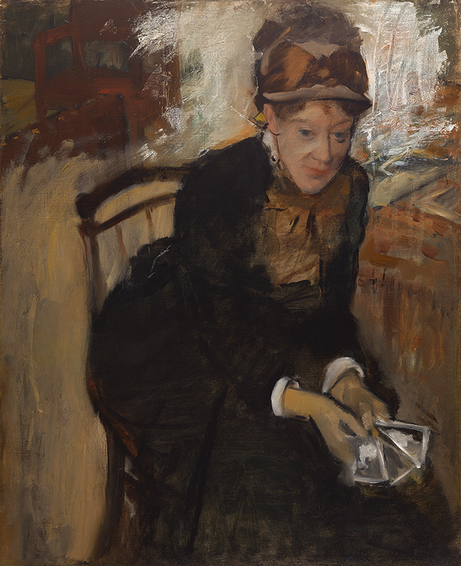 painting of a seated woman in a black dress and hat