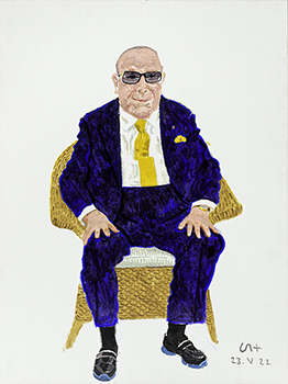 full length colorful portrait of an older man in a blue suit seated in a chair
